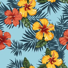Seamless Blue Hawaiian shirt pattern with yellow and orange flowers 