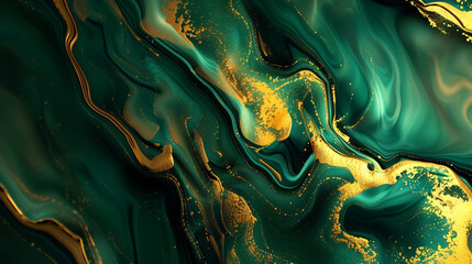 Liquid ink colored textured images. Green and gold background.