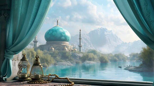 Mosque Marvel: A breathtaking view of the magnificent mosque seen through the window
Seamless looping 4k time-lapse virtual video animation background. Generated AI