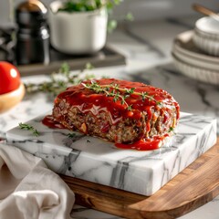 Meatloaf Supreme served on a modern marble ceramic plate with rich, flavorful sauce