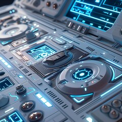 Control panel for spacecraft, white, blue, futuristic