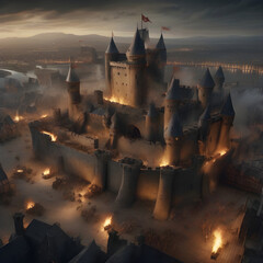 a castle on fire during a battle - obrazy, fototapety, plakaty
