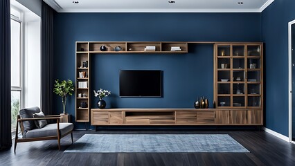  Living room with cabinet for tv on dark blue color wall background 