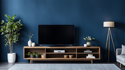  Living room with cabinet for tv on dark blue color wall background 