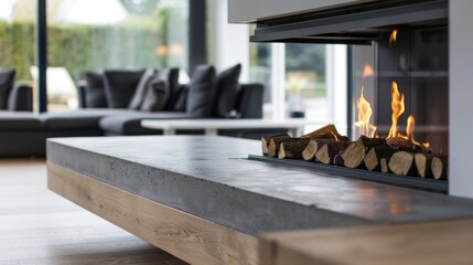 Naklejka premium The floating hearth of the modern fireplace is crafted from a combination of wood and concrete creating a unique and eyecatching feature in the room. 2d flat cartoon.