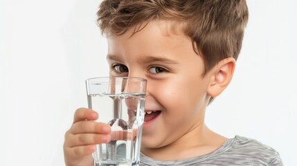 happy child boy drinking a glass of water with minimalist background