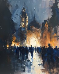  Abstract oil  painting features landscape of European old city street at night wall art, moody vintage farmhouse  style digital art print, wallpaper, background