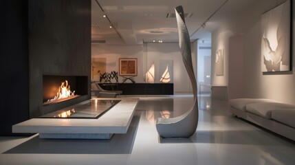 Obraz premium The sleek fireplace with its clean lines and minimalist design complements the abstract shapes and forms of the contemporary sculptures tered throughout the gallery. 2d flat cartoon.