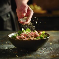 sprinkling salt and pepper over the mixed ham salad