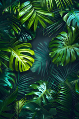Electric blue tropical leaves pattern in a dark forest