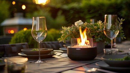 Obraz premium Whether dining outdoors on a warm summer night or a chilly fall evening the tabletop fireplace adds the perfect amount of ambiance. 2d flat cartoon.