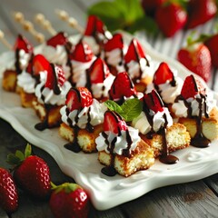 Strawberry Shortcake Kabobs on a pristine white ceramic serving platter