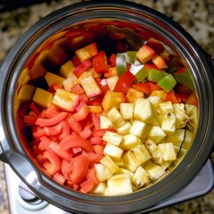 a Crock-Pot filled with pineapple chunks, sliced red bell pepper, and onion