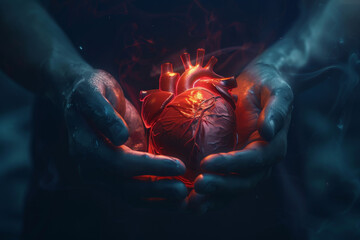 A man's hands hold a realistic human heart, illuminated from within. Hearts and body parts are in a medical themed background.