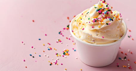 Delicious ice cream explosion with sprinkles, food photograpy, blank copy space, dessert concept