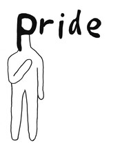 誇りを抱く人と文字。背景白。手描きのイラスト。