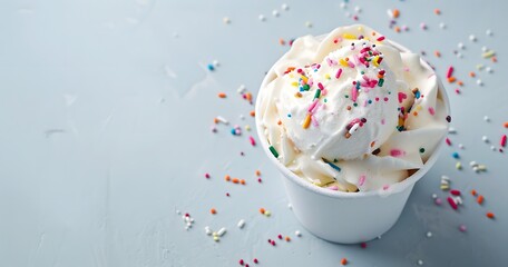 Delicious ice cream explosion with sprinkles, food photograpy, blank copy space, dessert concept