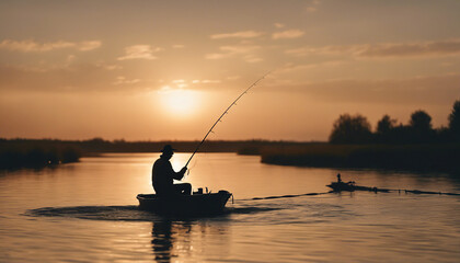 Silhouette of man fishing with his small boat on moving river at sunset, copy space for text
