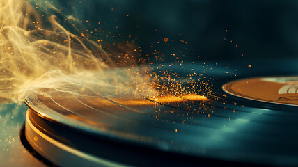 Sparks fly dramatically from a spinning metal disc, illuminated by intense, fiery light against a dark, blurred background.