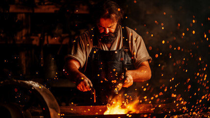 A focused blacksmith works intently in a fiery workshop, with sparks flying around as he forges metal on an anvil.