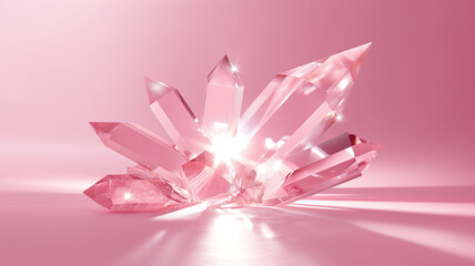 Vibrant pink crystals dramatically emerge from a glossy surface, glowing with light reflections and sharp edges.