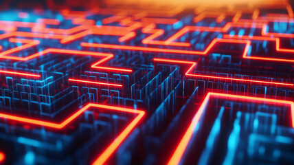 A glowing blue and red neon maze creates a striking, futuristic digital labyrinth.