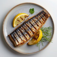 grill mackerel served with lemon on a white background