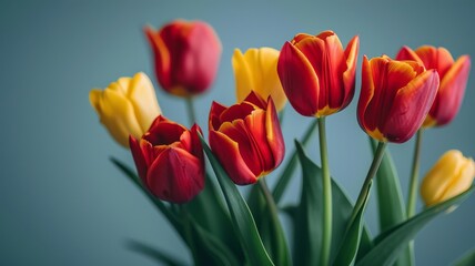 Fototapeta premium Vibrant Spring Tulip Bouquet: A bunch of red and yellow tulips isolated, showcasing the beauty of nature's colorful blooms in a garden setting