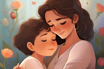  a beautiful young mother holding her little kid Illustration , mothers day 
