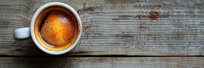 A cup of coffee seen from above on a plain wooden table top. 