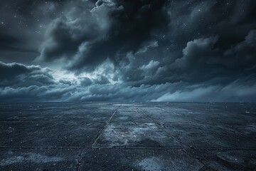 Dark Concrete Floor Background with Scenic Night Sky Horizon and Dramatic Clouds - generative ai