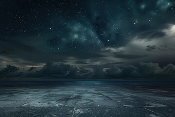Dark Concrete Floor Background with Scenic Night Sky Horizon and Dramatic Clouds - generative ai - Powered by Adobe