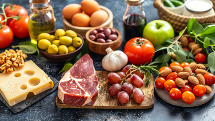 A table with a variety of fruits and vegetables, including apples, grapes