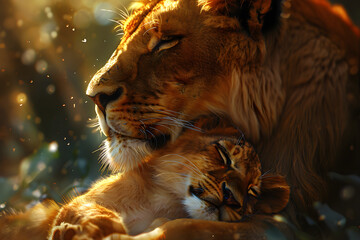 Digital art of a lioness mother cuddling with her young cub, showcasing the affectionate bond between the two animals.