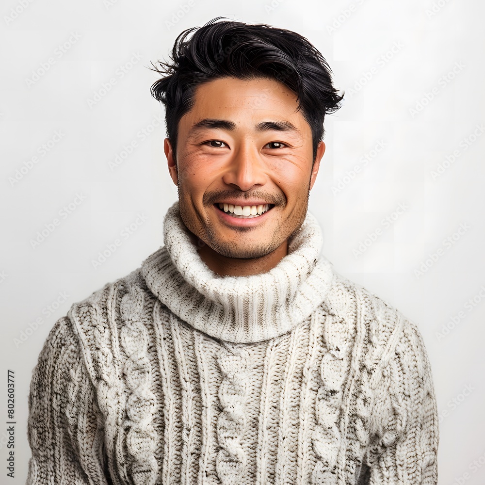 Wall mural Happy Asian Man in Sweater on White Background