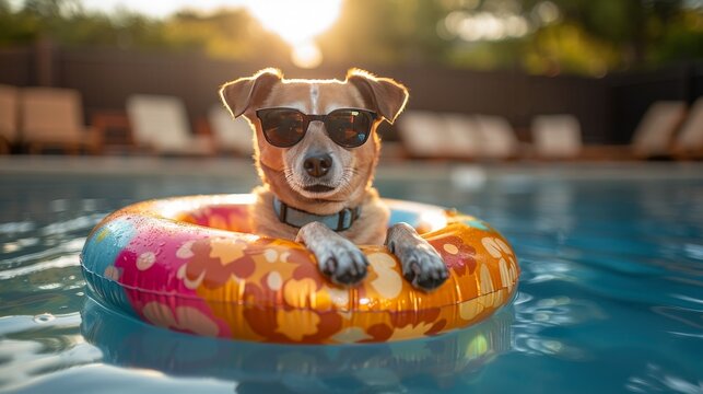 A cute dog in an inner tube in the water having a fun summer vacation, wearing sunglasses. 