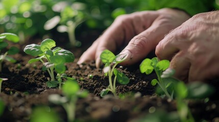 A mans hands gently sift through the soil of his indoor garden planting new seeds with precision.