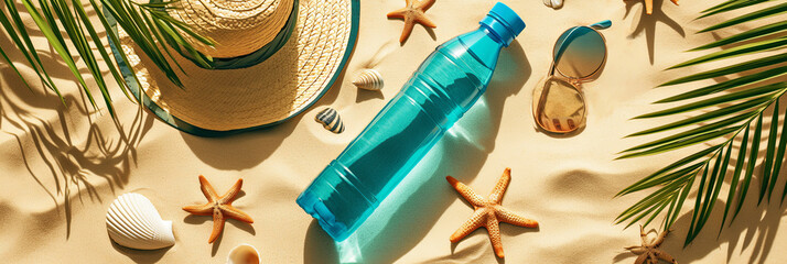water bottle and hat lying on the beach sand surrounded, generative AI