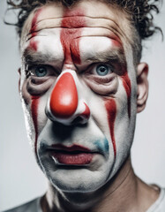 Obraz premium adult clown with tears flowing and sad facial expression, isolated white background. 