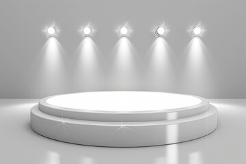 Shiny white round pedestal podium. Abstract high quality 3d concept illuminated pedestal by spotlights on white background. Futuristic background can be add on banners flyers ro web - generative ai