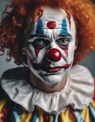 adult clown with tears flowing and sad facial expression, isolated white background.	
