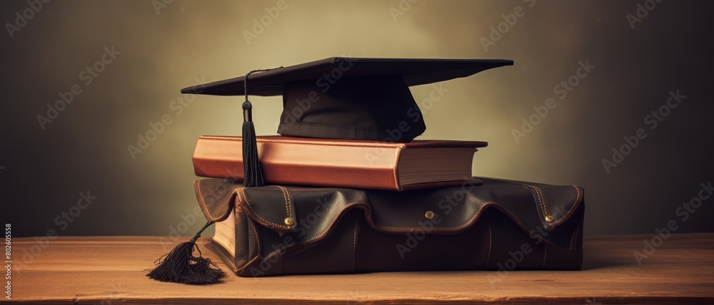 Wall mural vintage style photo of a graduation cap and diploma, on an old leather suitcase, symbolizing a journ