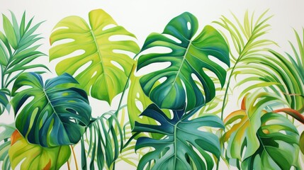 Bright and fresh tropical leaves artistically isolated against a white backdrop, providing a vibrant yet simplistic aesthetic,