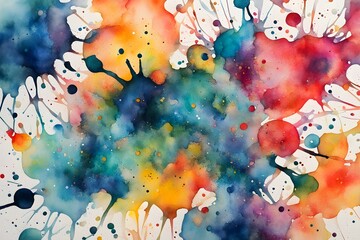 A painting of splatters of paint with a blue and yellow swirl