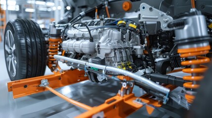 Fototapeta premium A detailed view of a hybrid car’s engine, illustrating advanced technology for reducing carbon emissions,