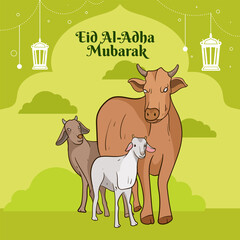 Eid al adha mubarak greeting card with Cow, goat and lamb Poster banner vector illustration graphic design. The image is of a happy Eid al-Adha celebration