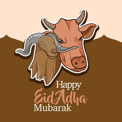 Eid al Adha logo with goat and cow banner. The image is of a happy Eid al-Adha celebration