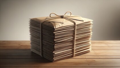 A neatly folded stack of kraft paper envelopes tied with string. A stack of brown envelopes lies on a wooden table