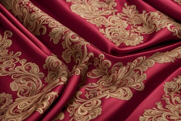 A red and gold fabric with a floral design