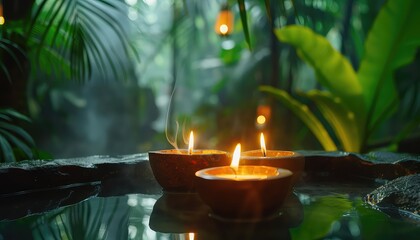 Spa concept with burning candle in tropical rainforest. 